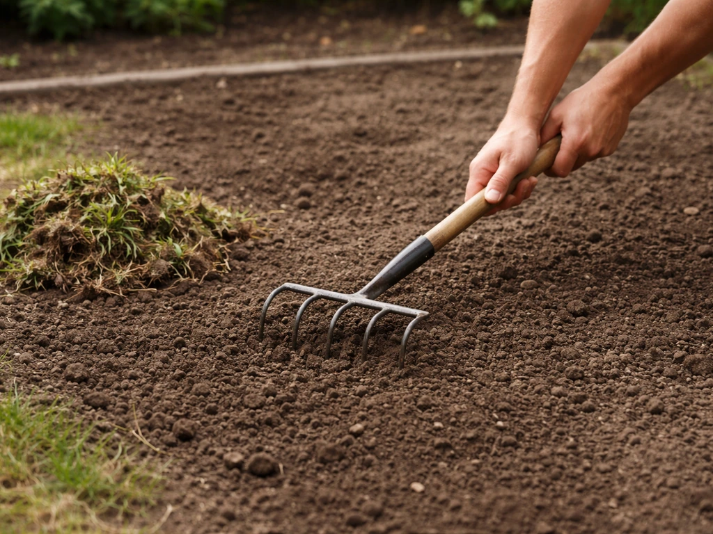 Jardinier qui gratte la terre avec une griffe et enlève les déchets avant le semis