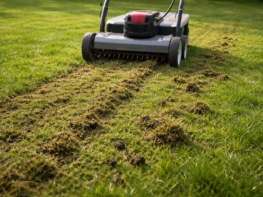 Scarificateur tiré sur une pelouse, feutrage soulevé et marques de griffage visibles, prêt pour regarnissage.