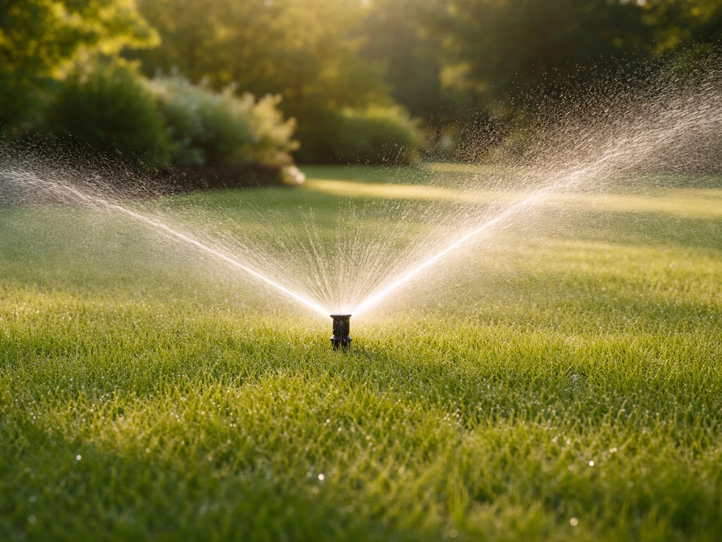 Arroseur projetant de l’eau sur une pelouse verte au lever du soleil, arrosage maîtrisé sans ruissellement