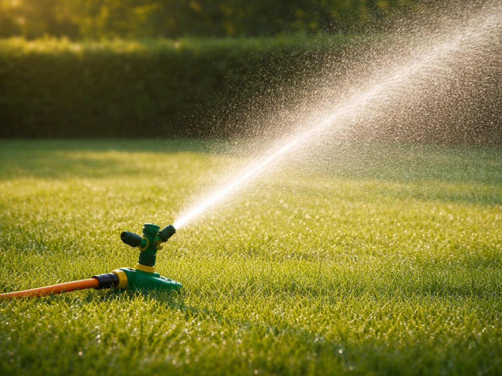 Arroseur projettant de l’eau sur une pelouse tôt le matin, lumière douce d’été, ambiance calme.