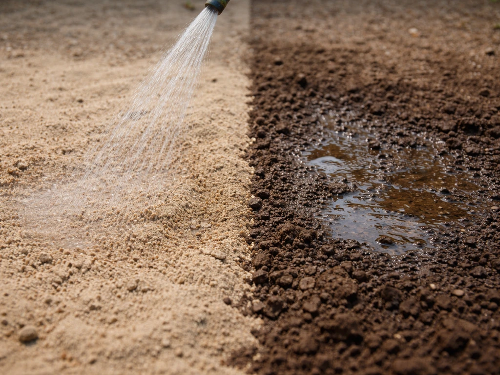 Comparaison visuelle de deux sols : sable clair et terre argileuse sombre, arrosés avec une petite quantité d’eau