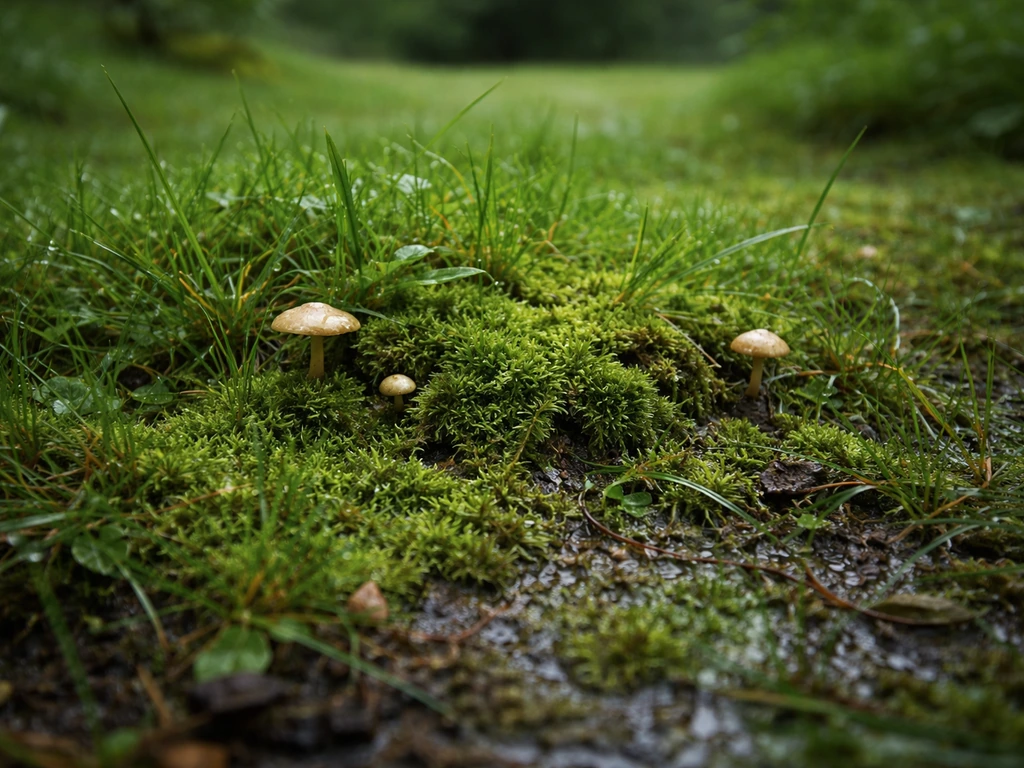Zoom sur la mousse verte et de petits champignons dans une pelouse humide, sol feutré et dense.