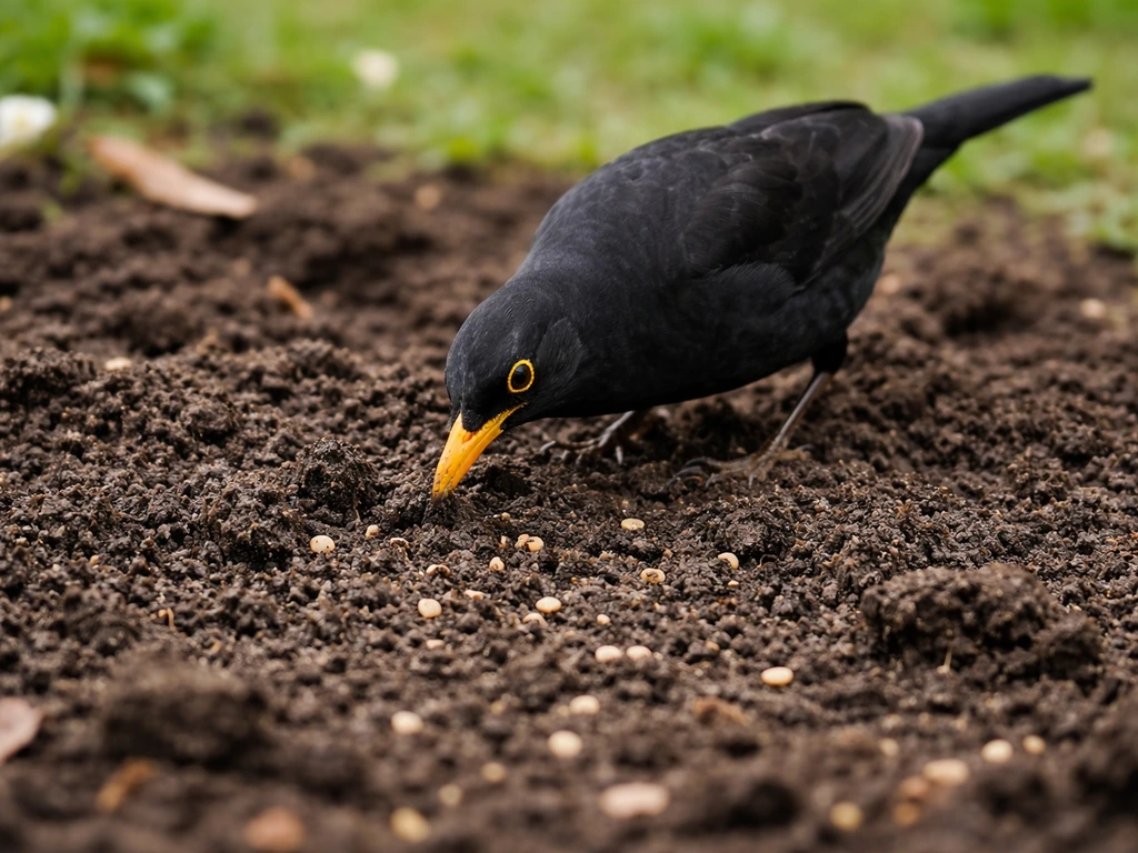 Un merle fouille la terre retournée près d’une zone semée, sur fond d’herbe verte floue.