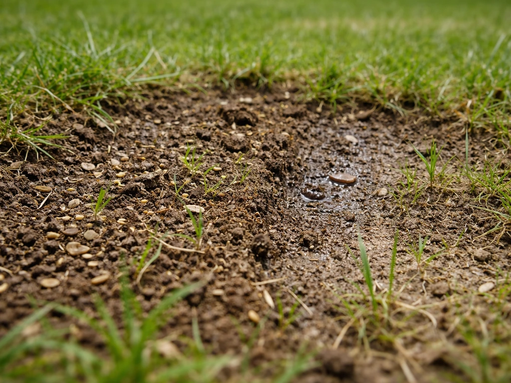 Pelouse en gros plan : graines griffées et petites traces, avec indices suggérant limaces et semis insuffisant