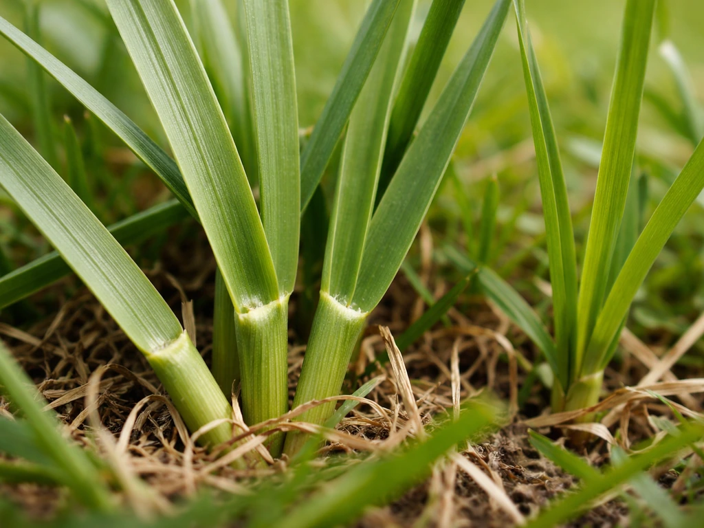 Gros plan de brins d’herbe de pelouse montrant limbe et ligule très courte, avec une graminée voisine en comparaison.