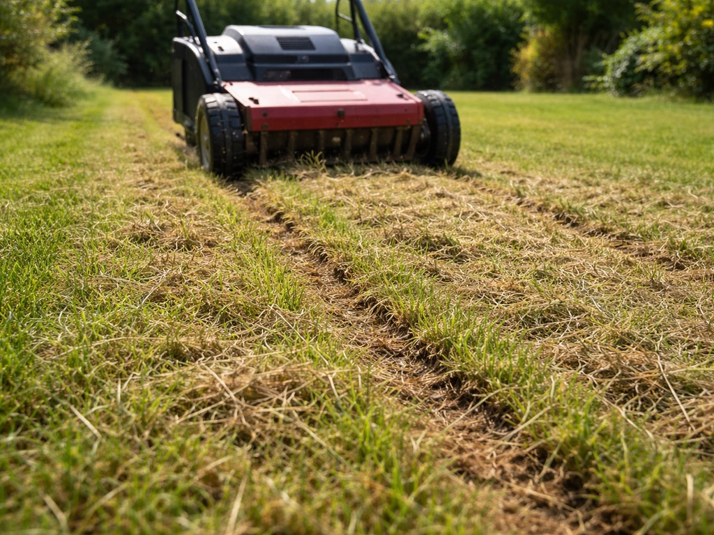 Scarificateur sur pelouse, vue au ras, montrant des coupes nettes et des rhizomes soulevés après passage.