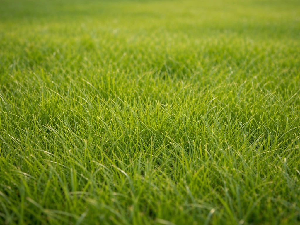 Pelouse en gros plan où le pâturin commun se voit nettement, brins fins et couleur vert clair.