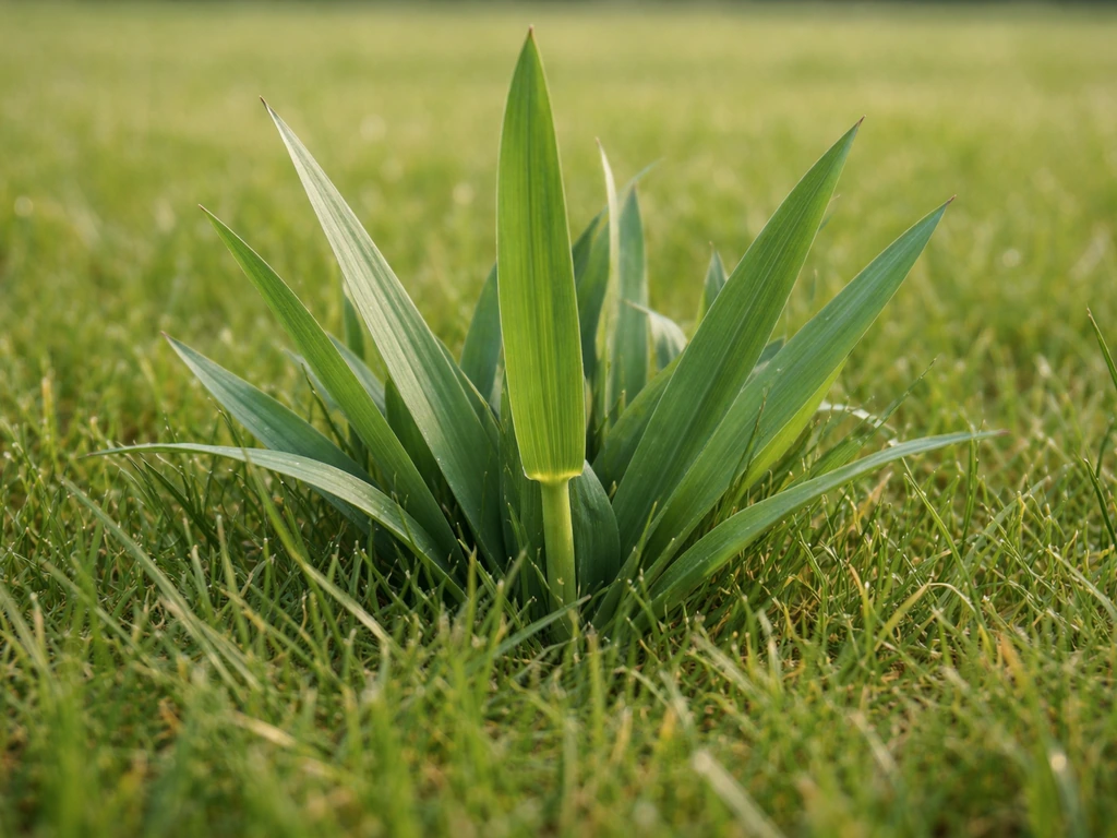 Gros plan sur le pâturin commun dans une pelouse tondue, feuilles vert bleu et jonction feuille-tige visible.