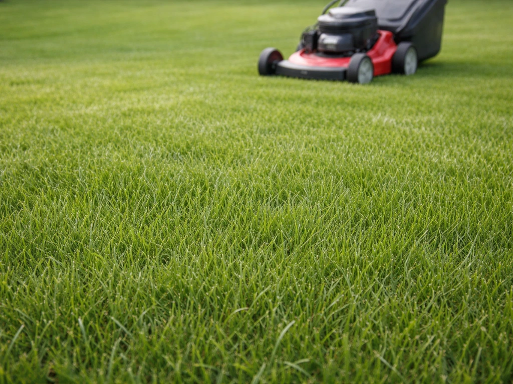 Pelouse de pâturin commun avec herbe à 4–6 cm, tondeuse en arrière-plan, hauteur de coupe uniforme.