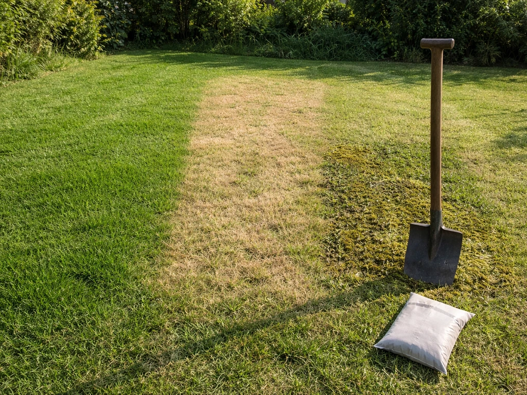 Pelouse avec trois zones visibles (dense, plus claire, mousse) et outils au sol, sans texte.