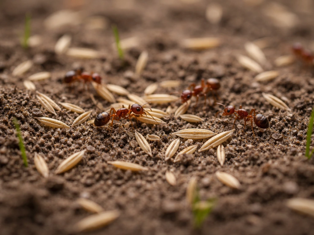Gros plan de fourmis sur des graines de gazon juste semées, dans une terre fine avec traces d’activité.