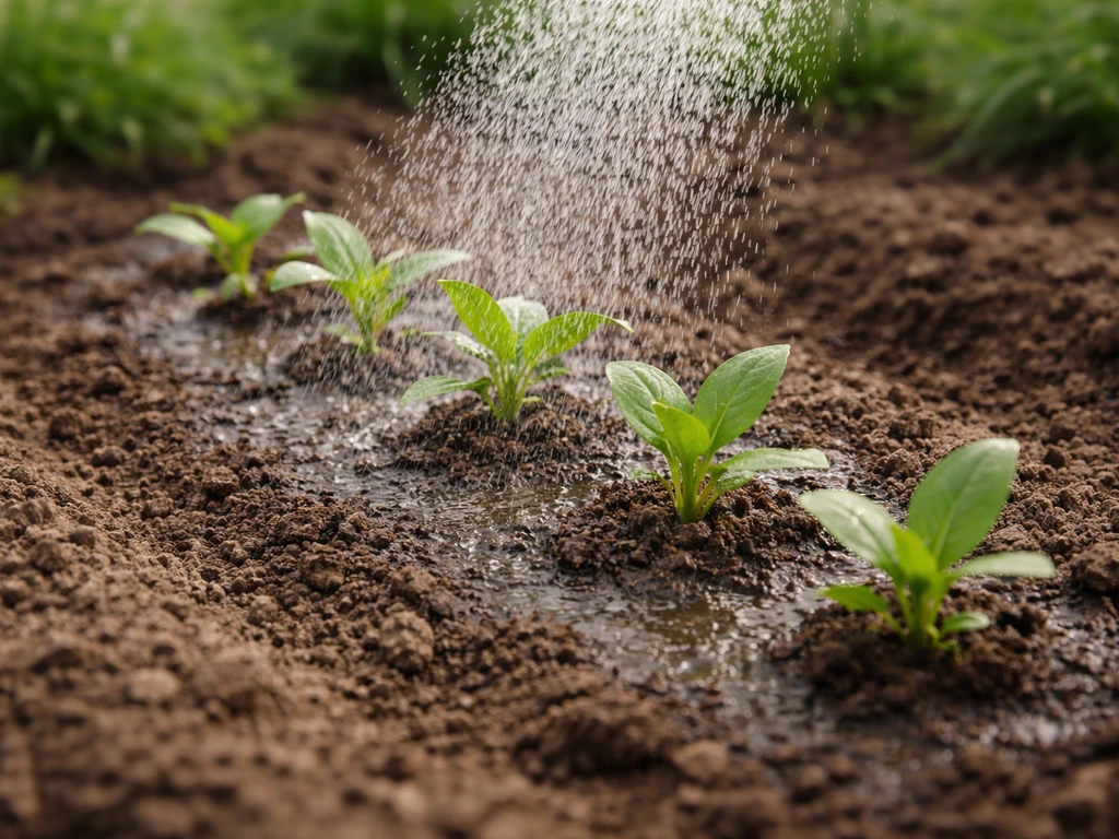 Arrosage en pluie fine sur un semis, sol légèrement humide, terre entre les jeunes plants