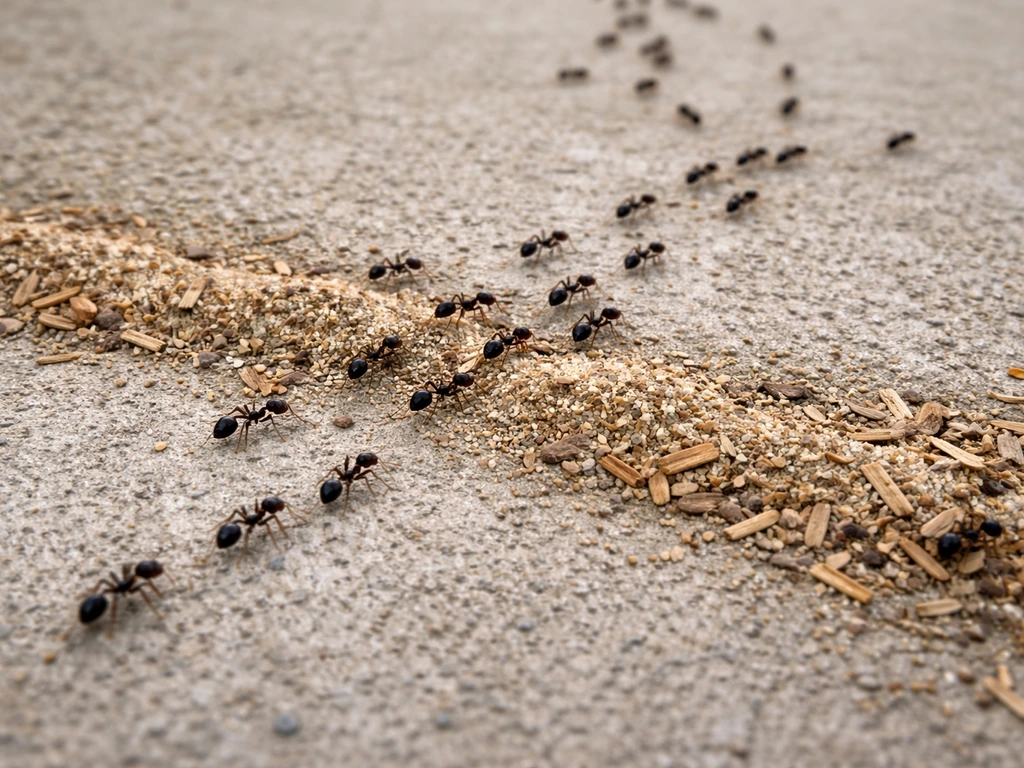 Piste de fourmis sur le sol, une ligne de sable et copeaux perturbe le passage, elles contournent la barrière.