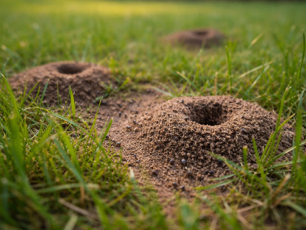 Gros plan sur une pelouse avec de petits monticules en forme de cratère montrant l’activité de fourmis