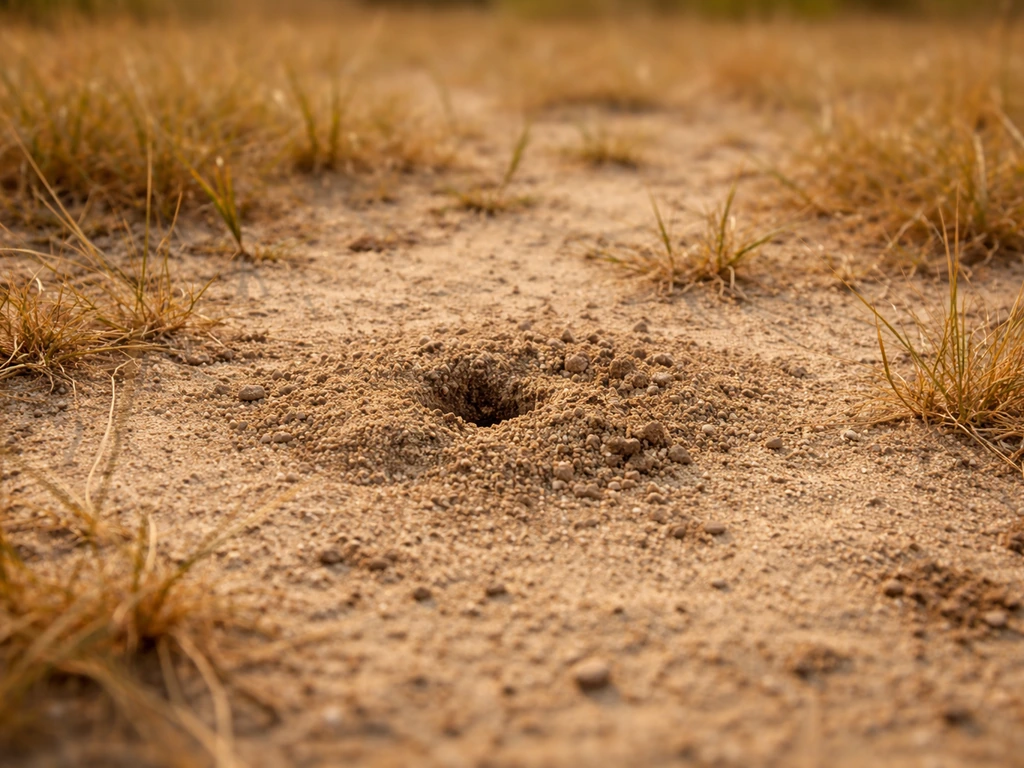 Sol de pelouse sableux et sec avec terre remuée montrant des zones où des fourmis creusent.