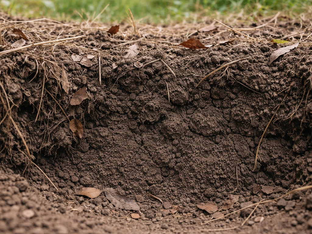 Tranchée dans le sol tassé montrant des débris végétaux en décomposition et un manque d’aération.