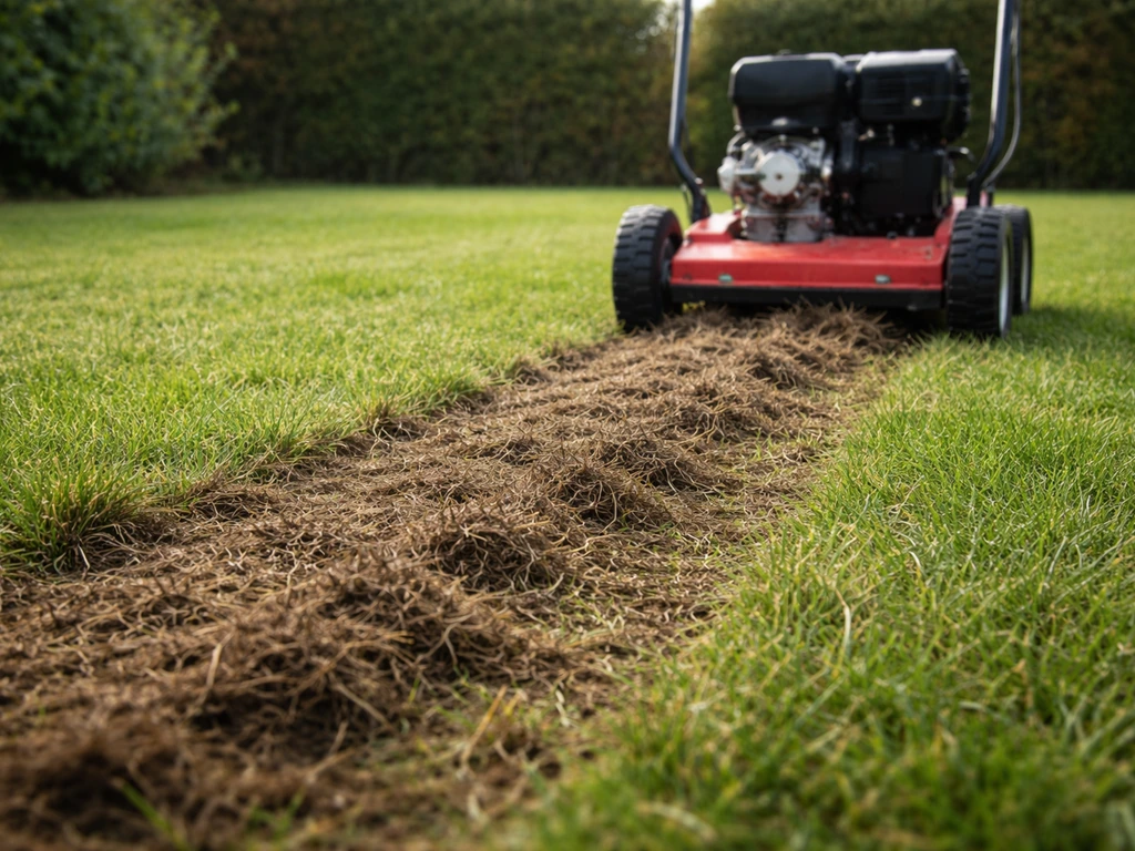 Pelouse griffée par un scarificateur, feutre arraché visible derrière l’outil, avant/après immédiat.