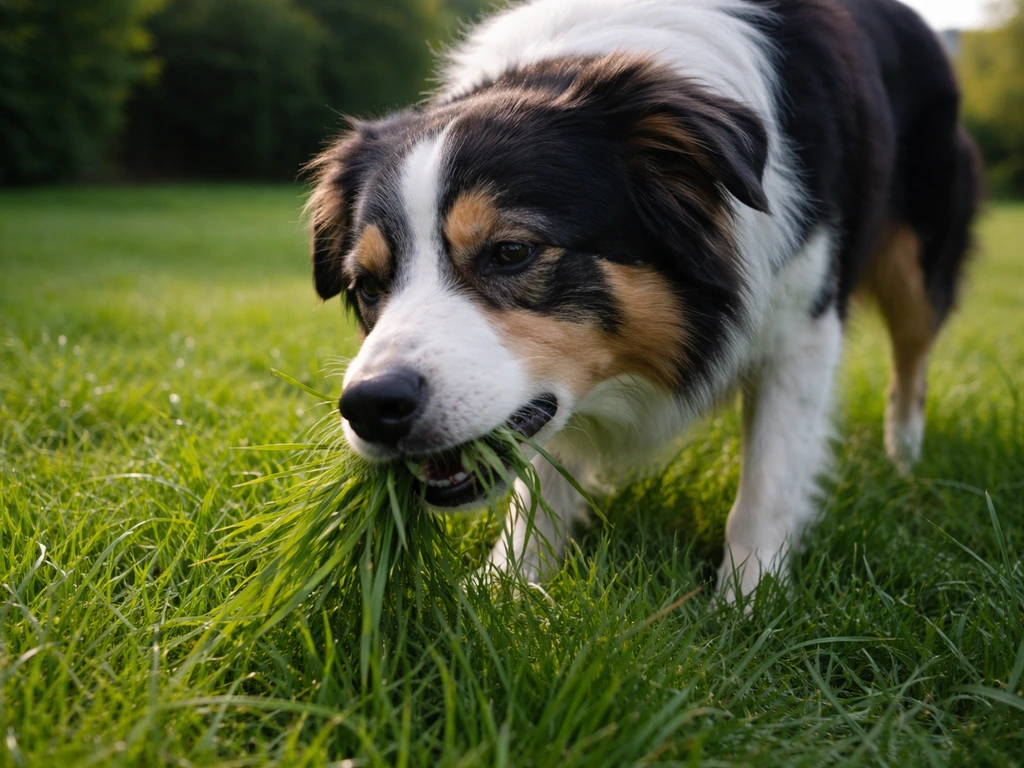 Un chien broute de l’herbe dans un jardin, en posture détendue, arrière-plan pelouse floue.