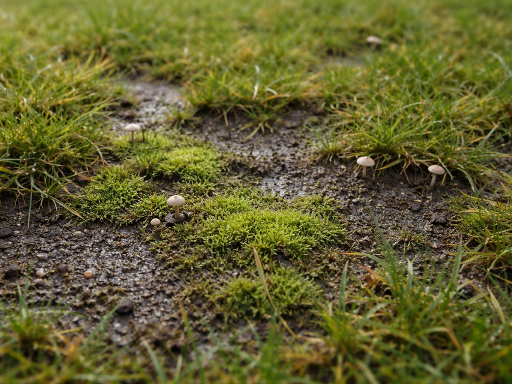 Gazon abîmé avec mousse et petits champignons, zones humides visibles au sol.
