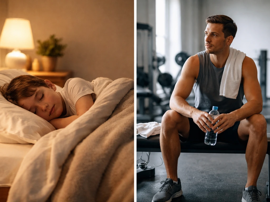 Split image: a peaceful child nap on the left, an adult resting post-workout on the right.