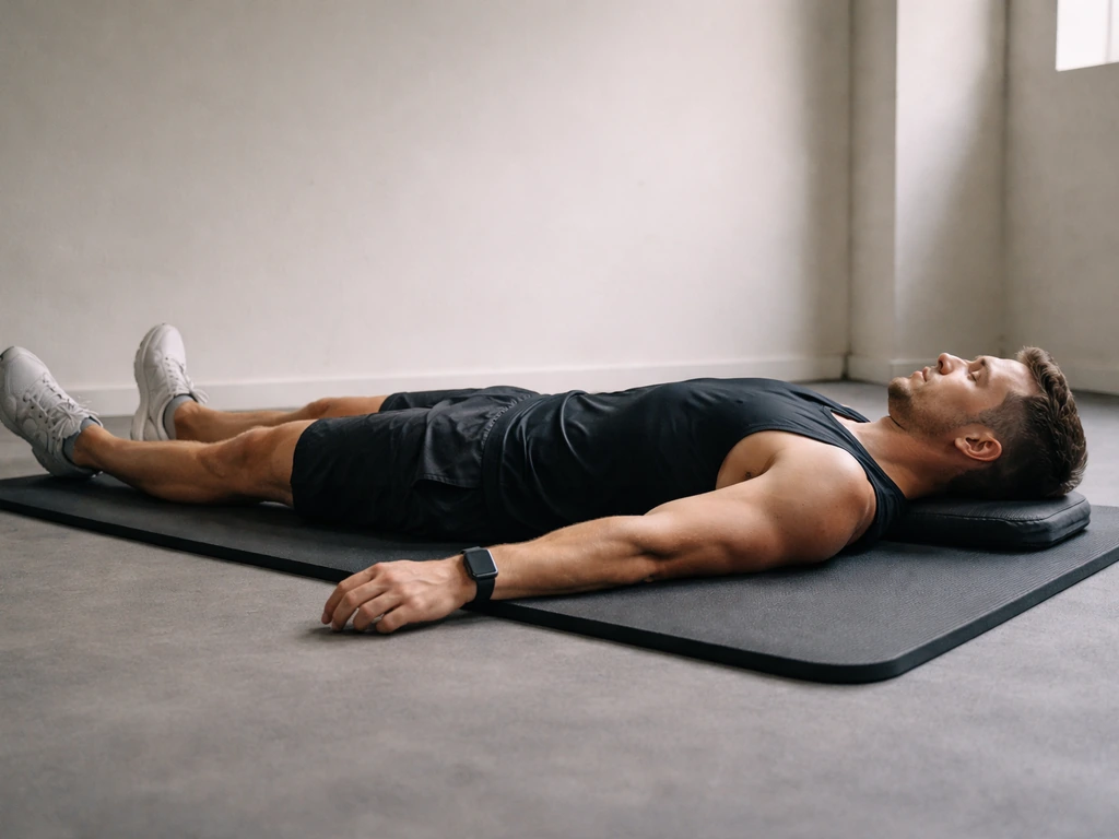 Adult athlete relaxing on a gym mat post-workout with a visible smartwatch, minimal background.