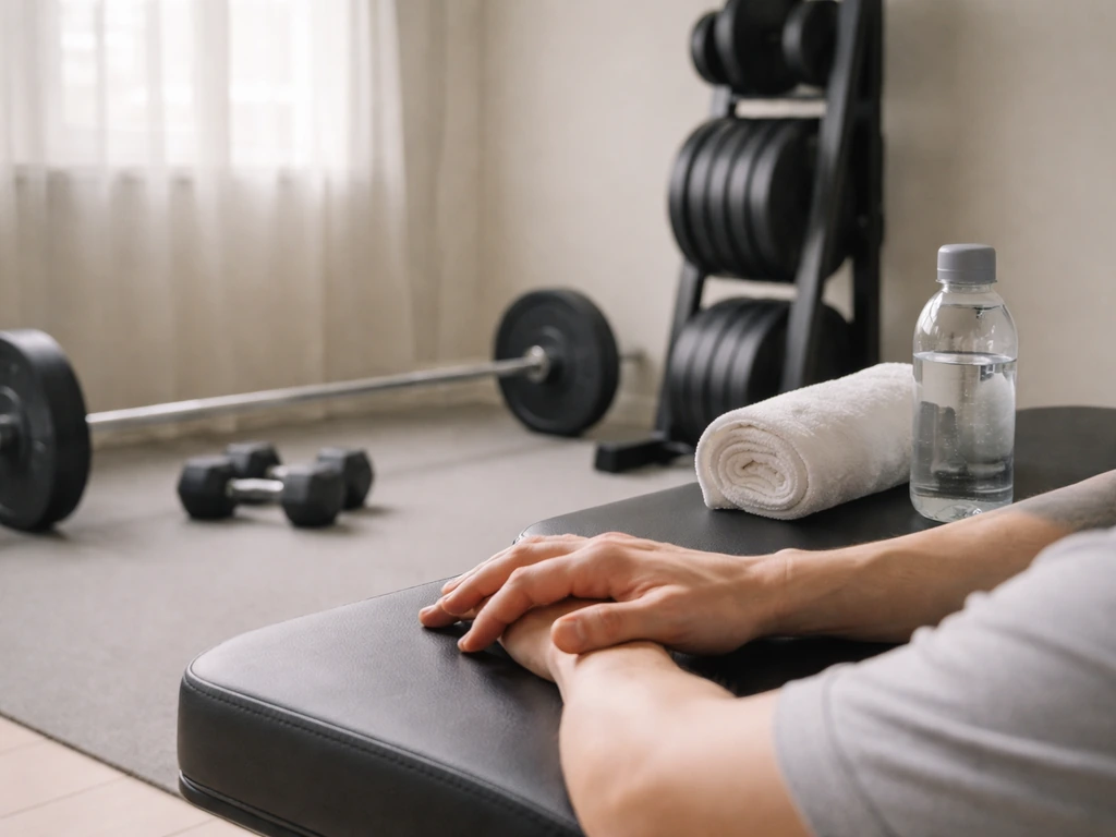Minimal resistance training setup with dumbbells and a brief recovery moment on a bench.