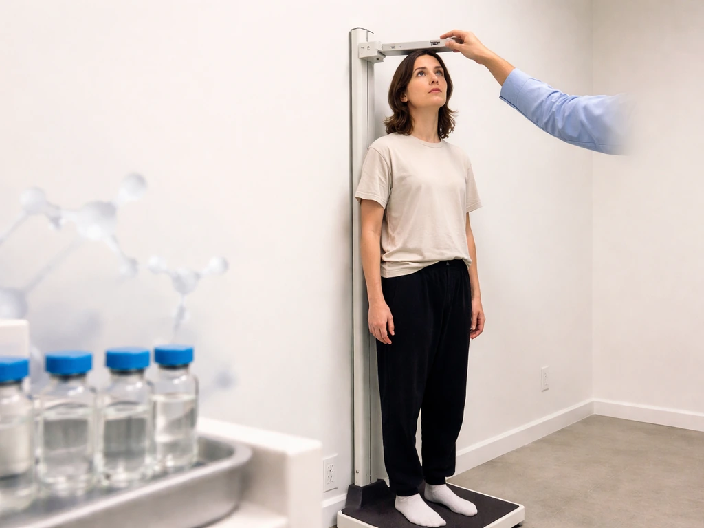 Anonymous adult measured on a stadiometer with blurred peptide vials and faint molecular shapes nearby