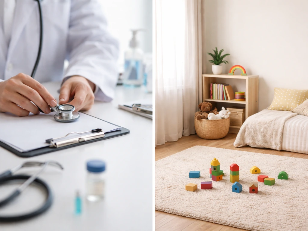 Split photo: clinician desk for growth hormone deficiency on left, quiet home corner suggesting no evidence on right.