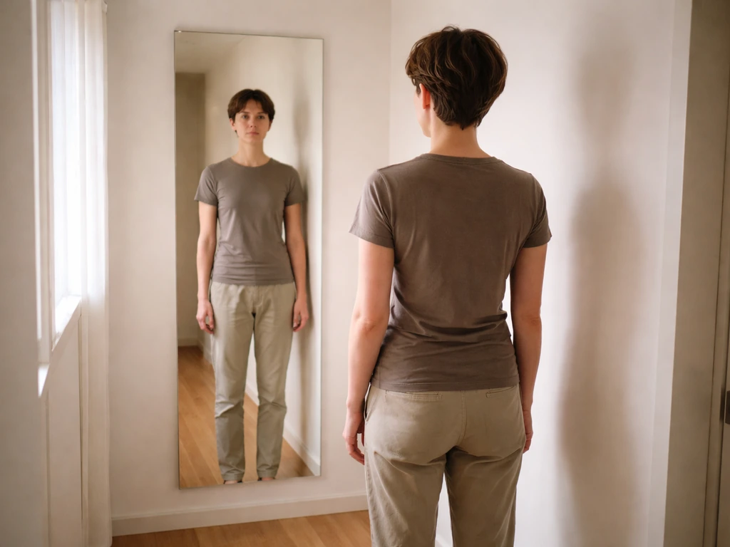 Adult standing beside a hallway mirror, emphasizing posture and stable height rather than growth