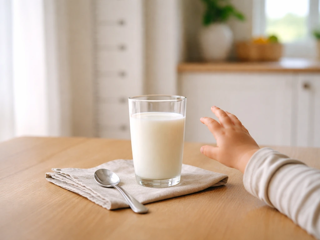 Child’s height-growth concept: glass of milk on a kitchen table with a height-marked wall in the background