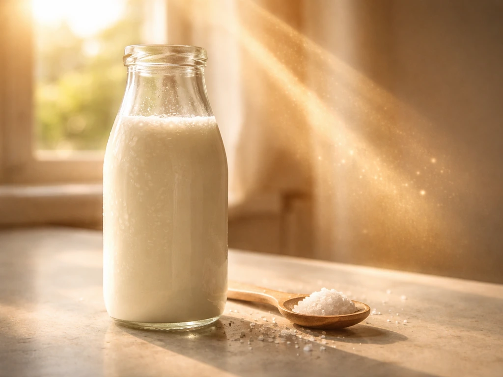 Sunlit bottle of fortified milk on a countertop with a warm glow suggesting vitamin D aiding calcium absorption.