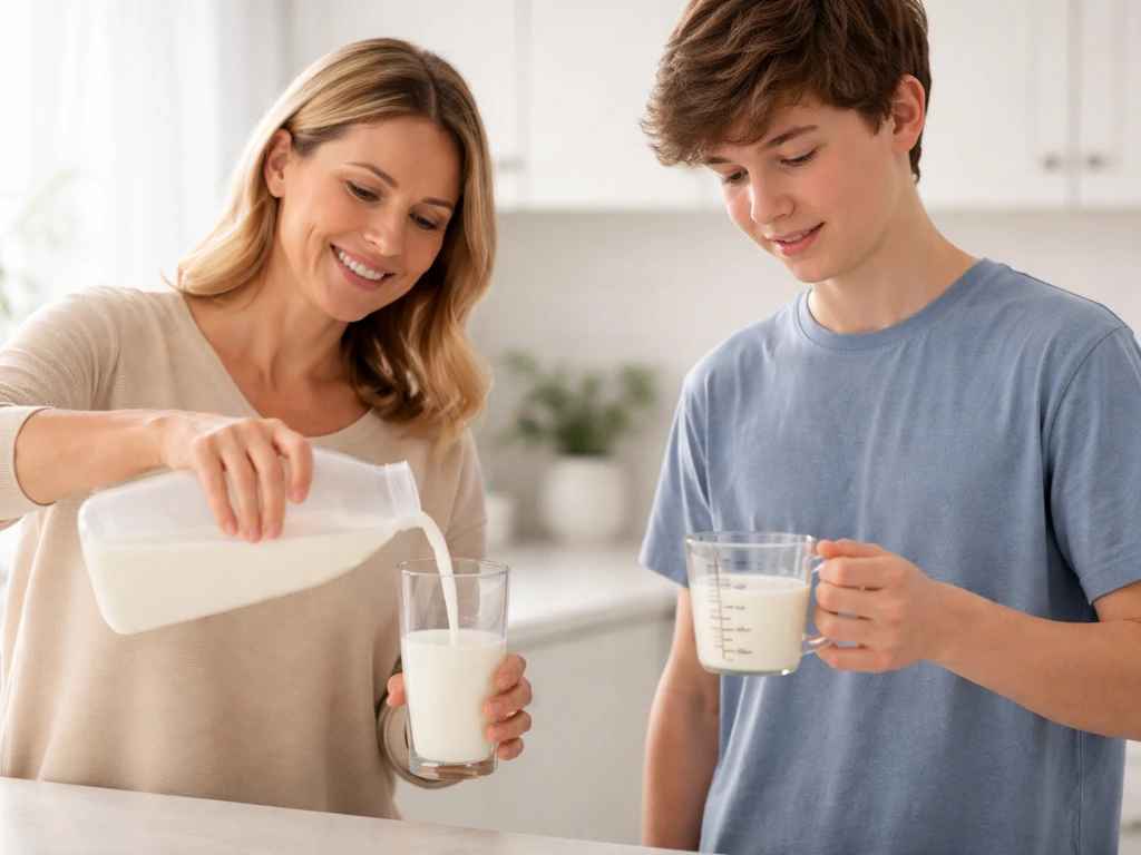 Parent pouring milk into a glass while teen measures with a cup in a bright kitchen.