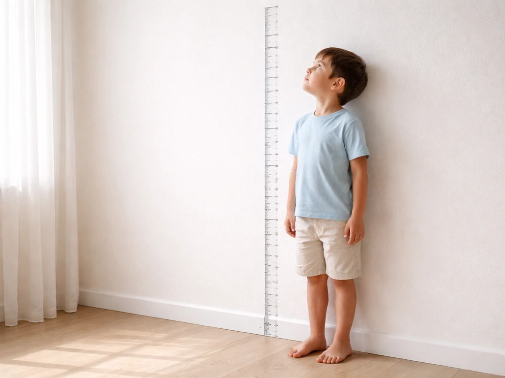 Child standing beside a height-measurement wall with a tape measure showing different heights at home.