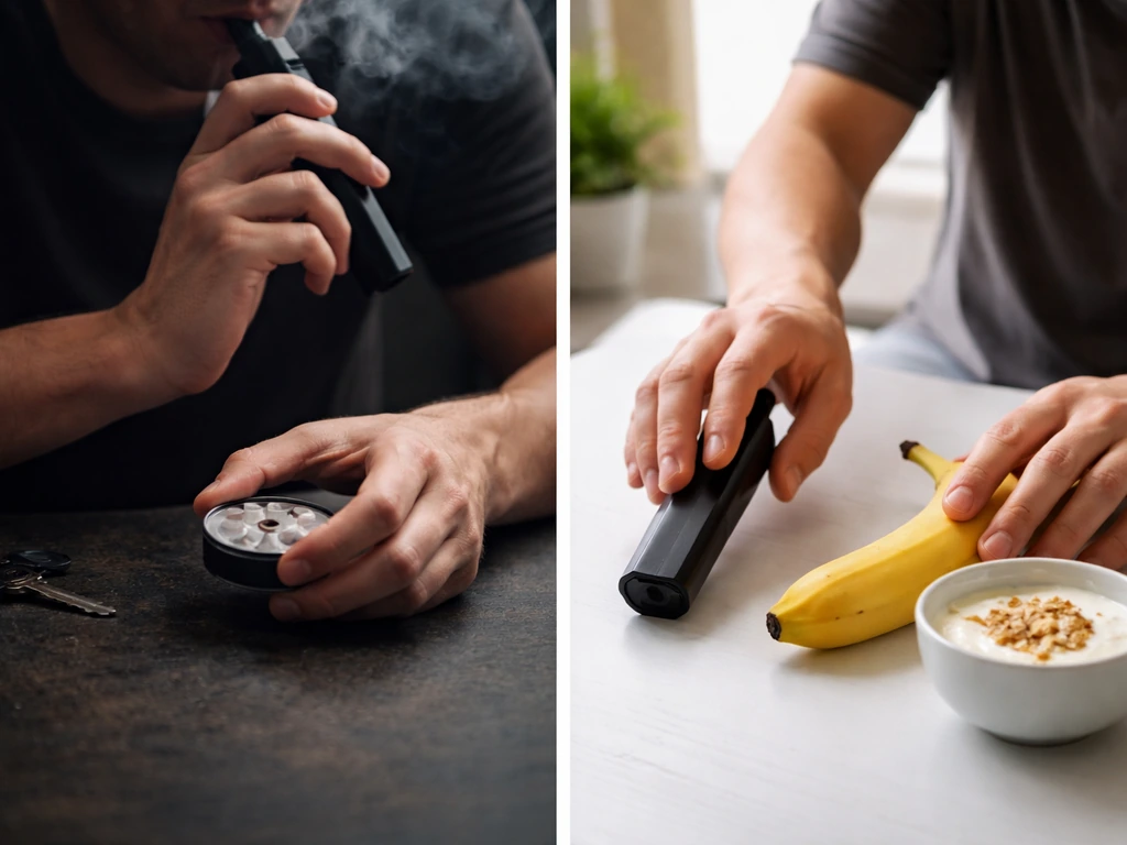 Side-by-side before/after hands: vaping nicotine left, reaching for a healthy snack right in natural light
