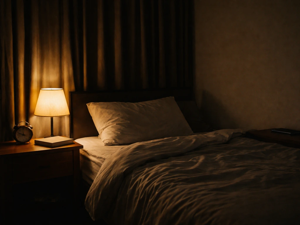 Teen’s bedroom at night with a dark room, alarm clock hidden, and a calm bedtime routine setup.