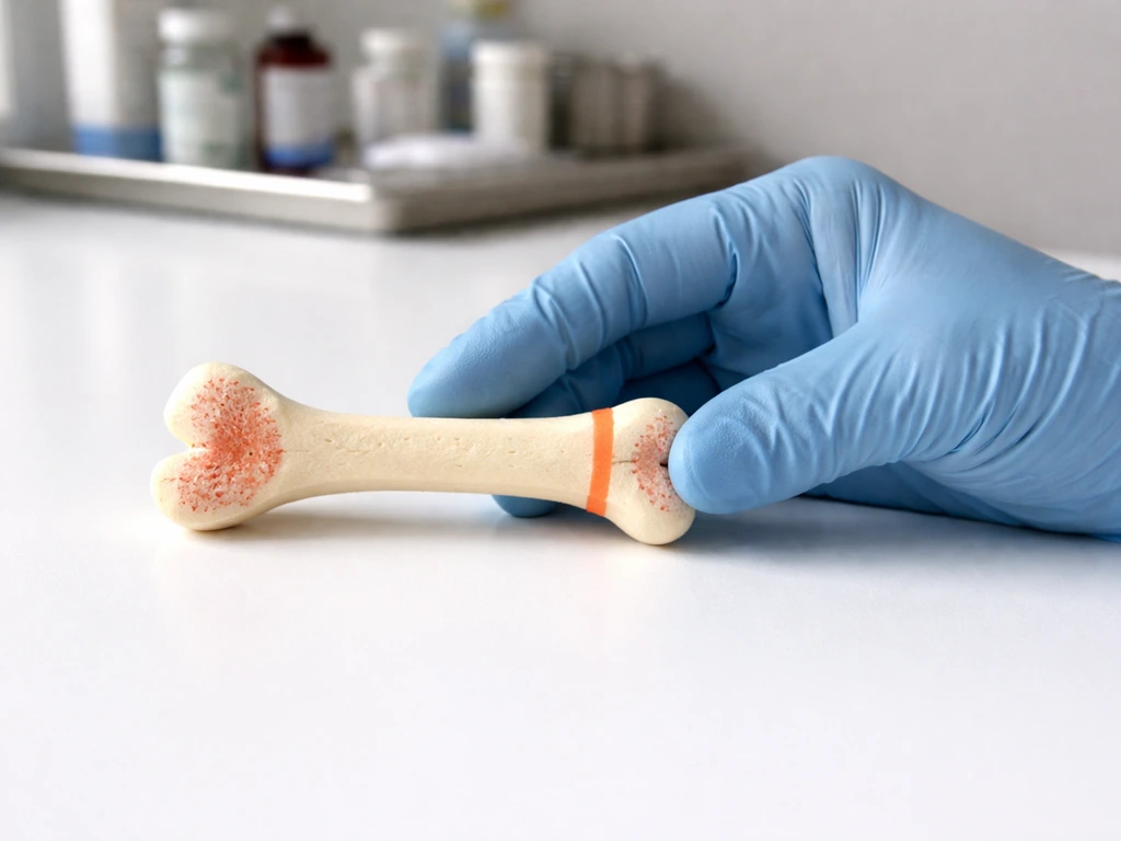 Close-up of a child’s open hand holding a small foam model of a long bone with a growth-plate line.