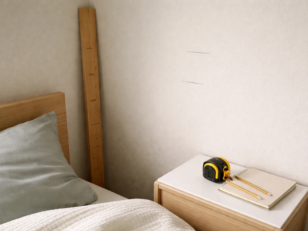 Height-measuring strip with two pencil marks on a blank wall and a tape measure on a bedside table.