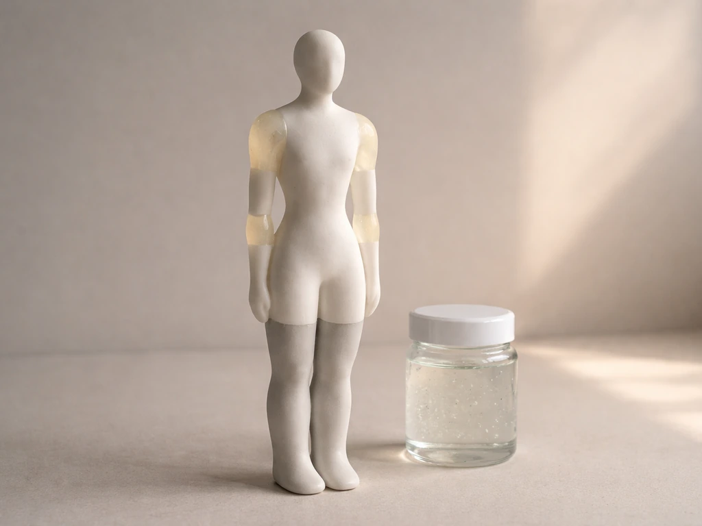 Minimal desk scene with a small model silhouette showing cartilage-like vs hardened growth stages
