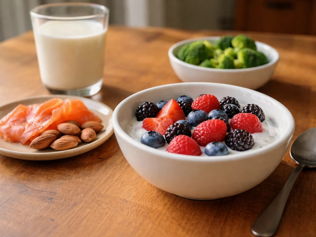 Close-up meal with yogurt, salmon, almonds, milk, and broccoli highlighting nutrition for growth.