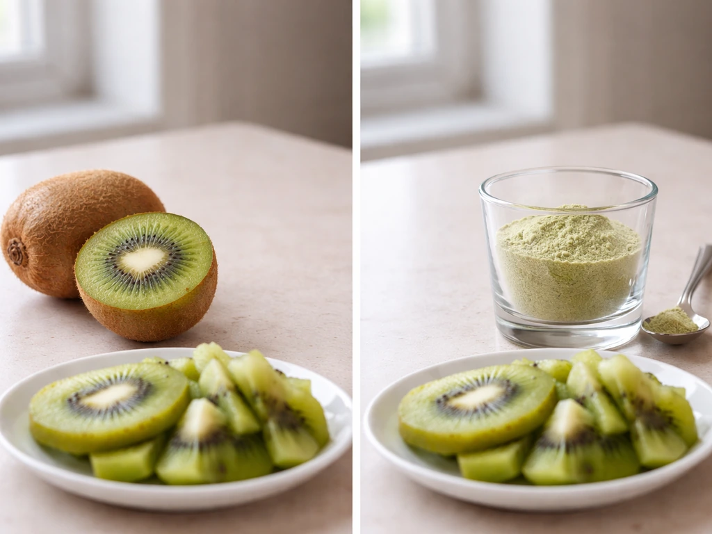 Whole kiwi beside a glass of kiwi supplement powder, plus a small pile matching a fruit serving size.