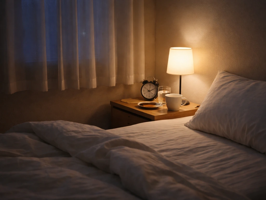 Dimly lit bedroom with neatly made bed, bedside alarm clock, and a calm nighttime sleep setup.