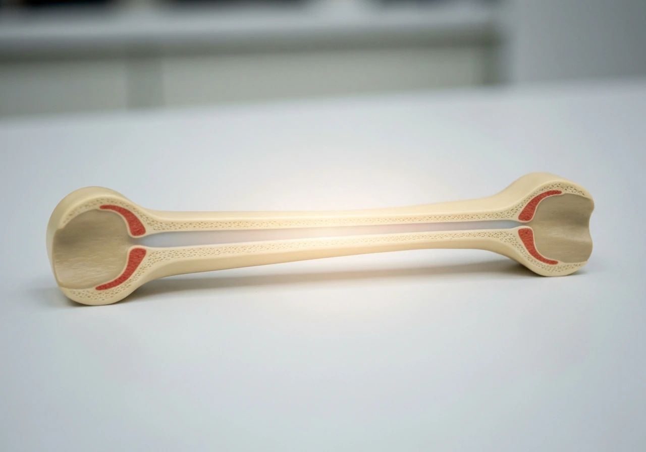 Close-up of a long bone model highlighting growth plates near the ends in a clean lab look