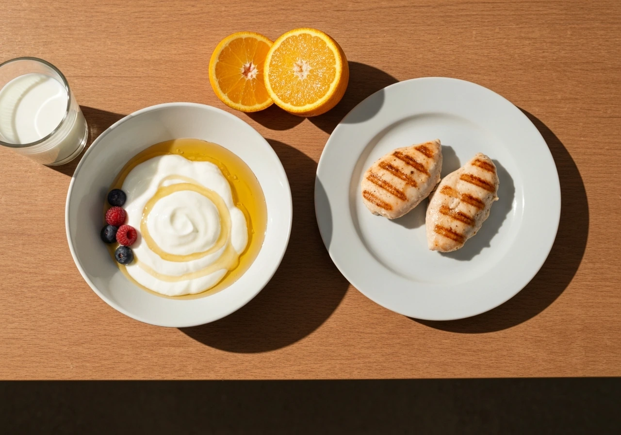 Greek yogurt, grilled chicken, milk, and oranges on a wooden table in natural light.