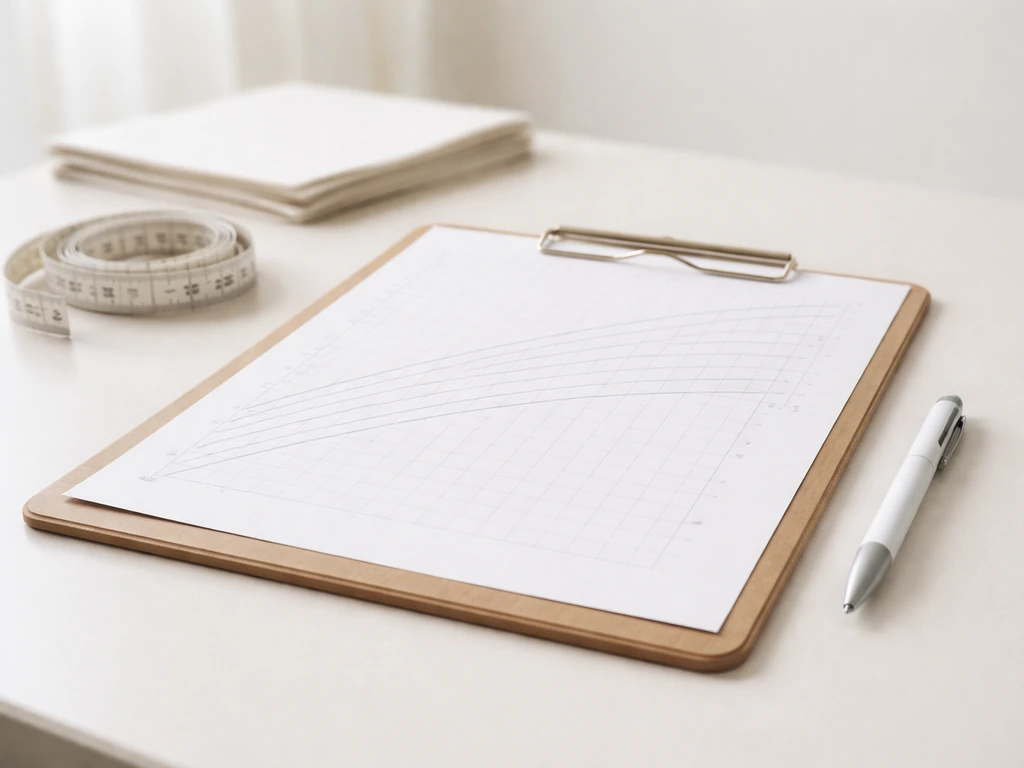 Clinician-style growth monitoring scene with a blank chart board and a pen near a child’s growth planner