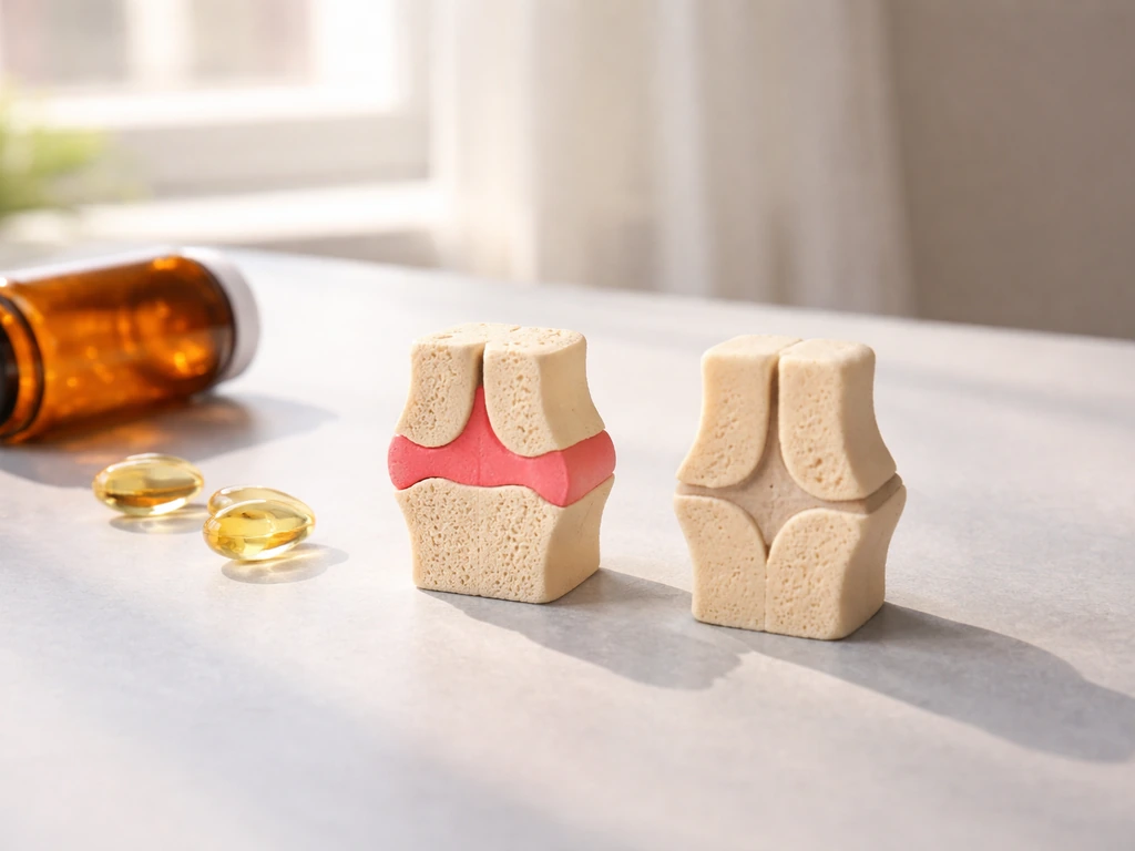 Sunlit tabletop with vitamin D capsules and two small growth-plate models for child vs adult contrast
