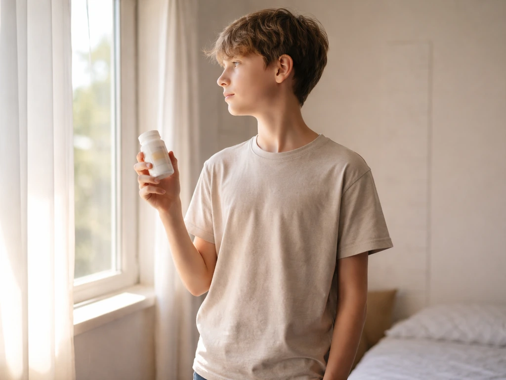 Teen by a sunny window holding a vitamin D supplement bottle, with a blurred growth-height chart behind.