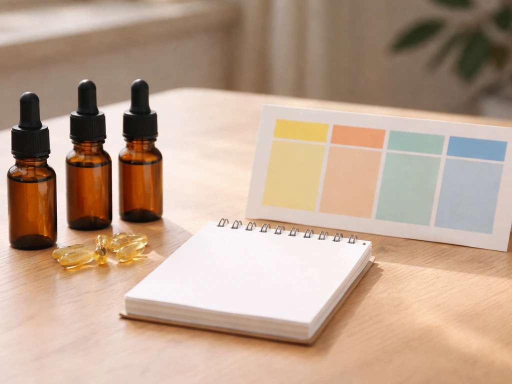 Unlabeled vitamin D3 capsules and dropper bottles beside an empty colored dosing chart placeholder.