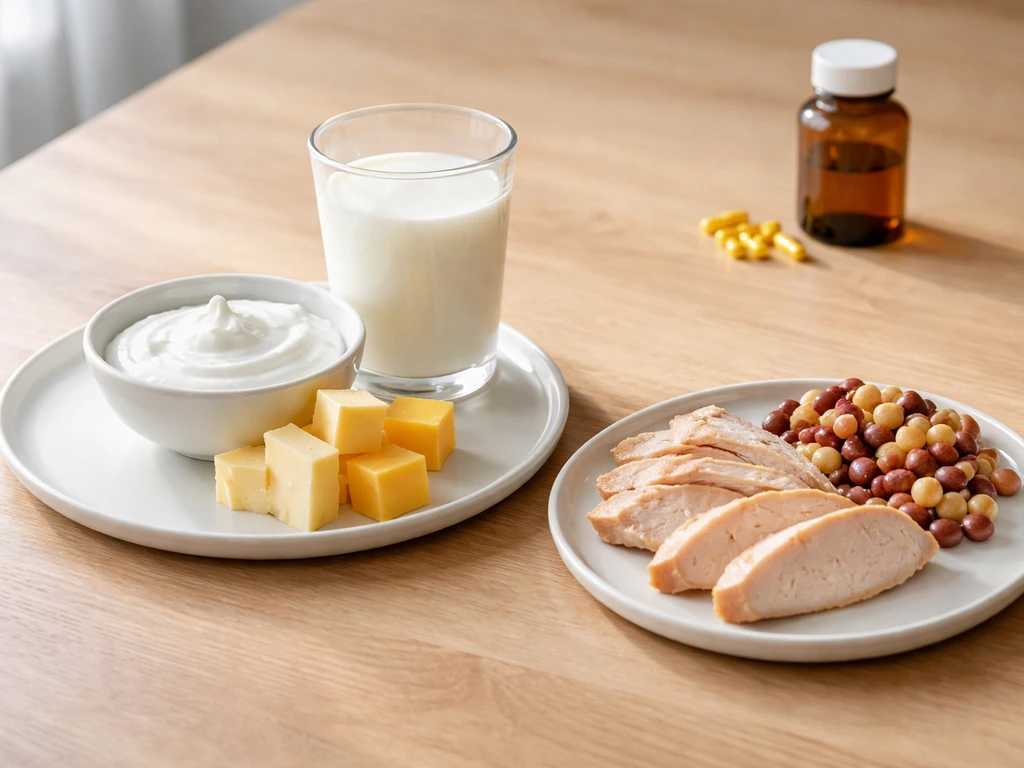 Tabletop plate of milk and yogurt with protein foods, plus vitamin D supplement bottle nearby.