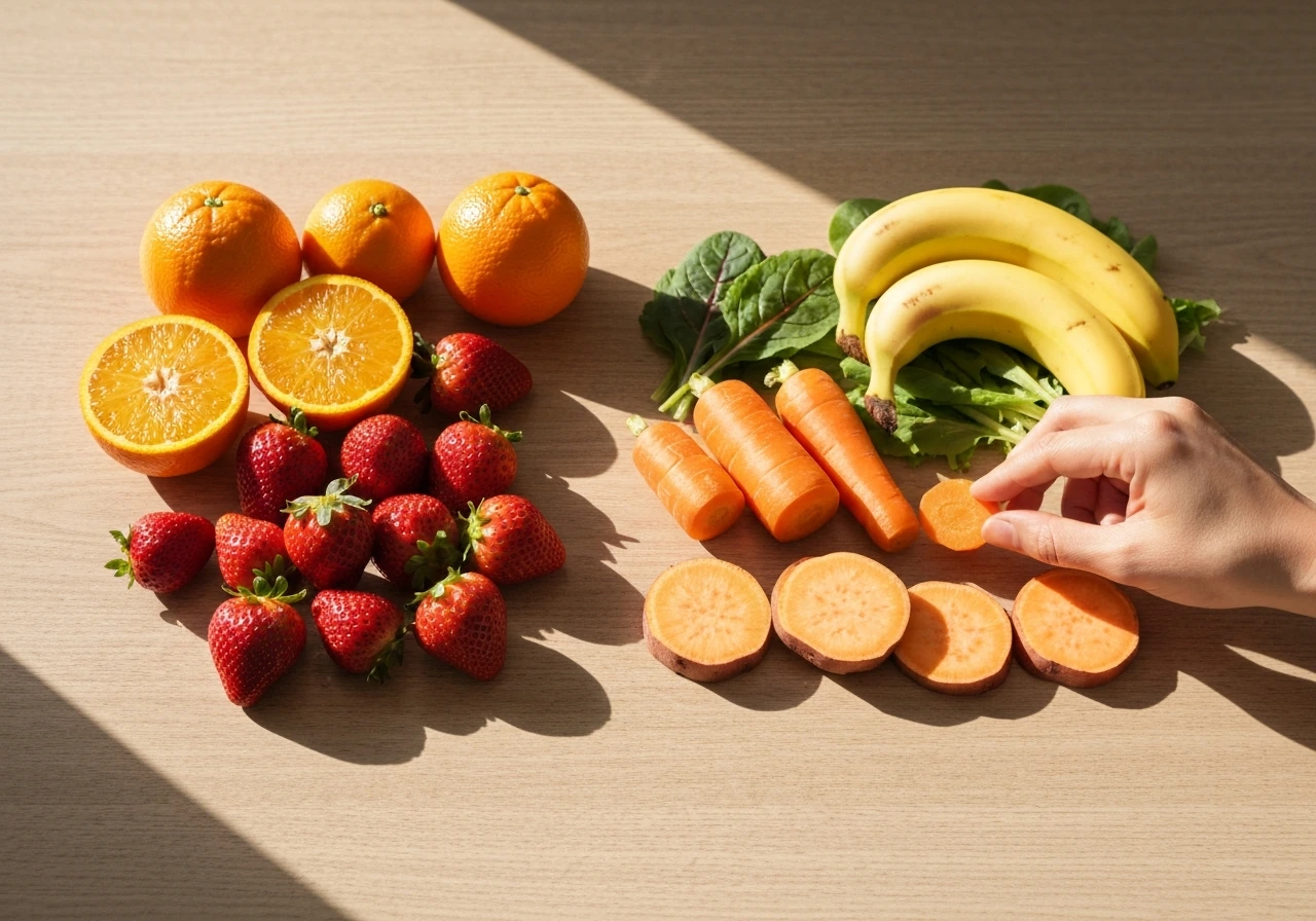 Fresh fruits and vegetables arranged on a table, with a hand adjusting a carrot slice.