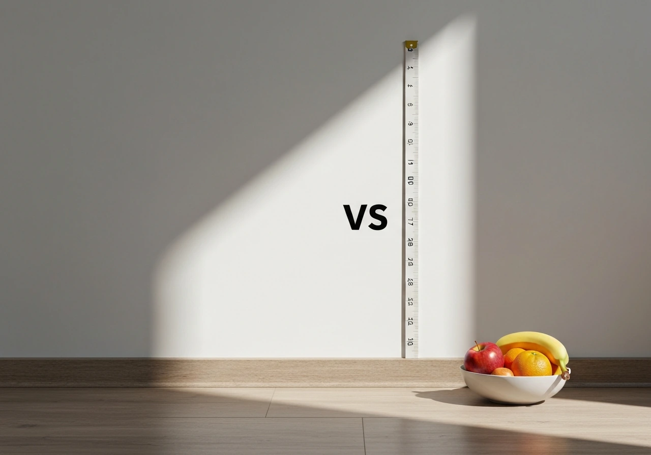 Measuring tape against a wall with a small bowl of fruit on the floor, no people.